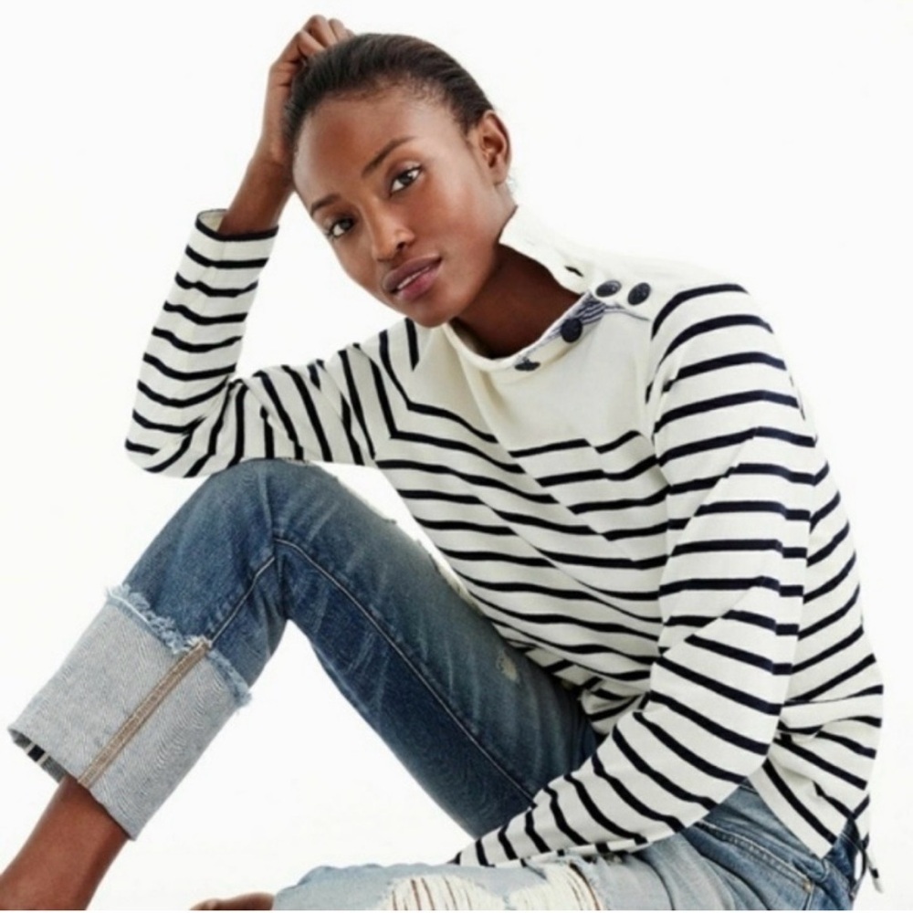 J. Crew White with Olive Striped Button-Shoulder Turtleneck